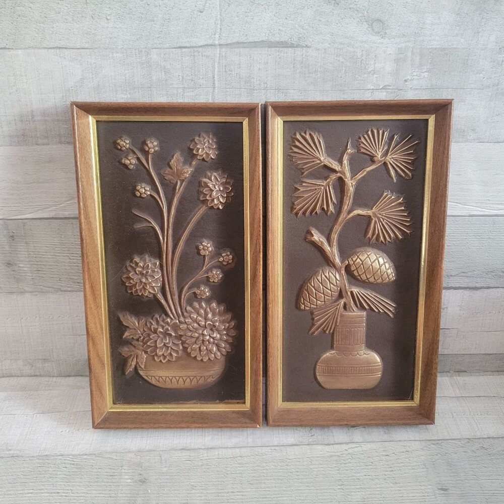 Vintage 3D Floral & Pinecone Wall Plaques Brown & Gold Mid-Century Art Decor